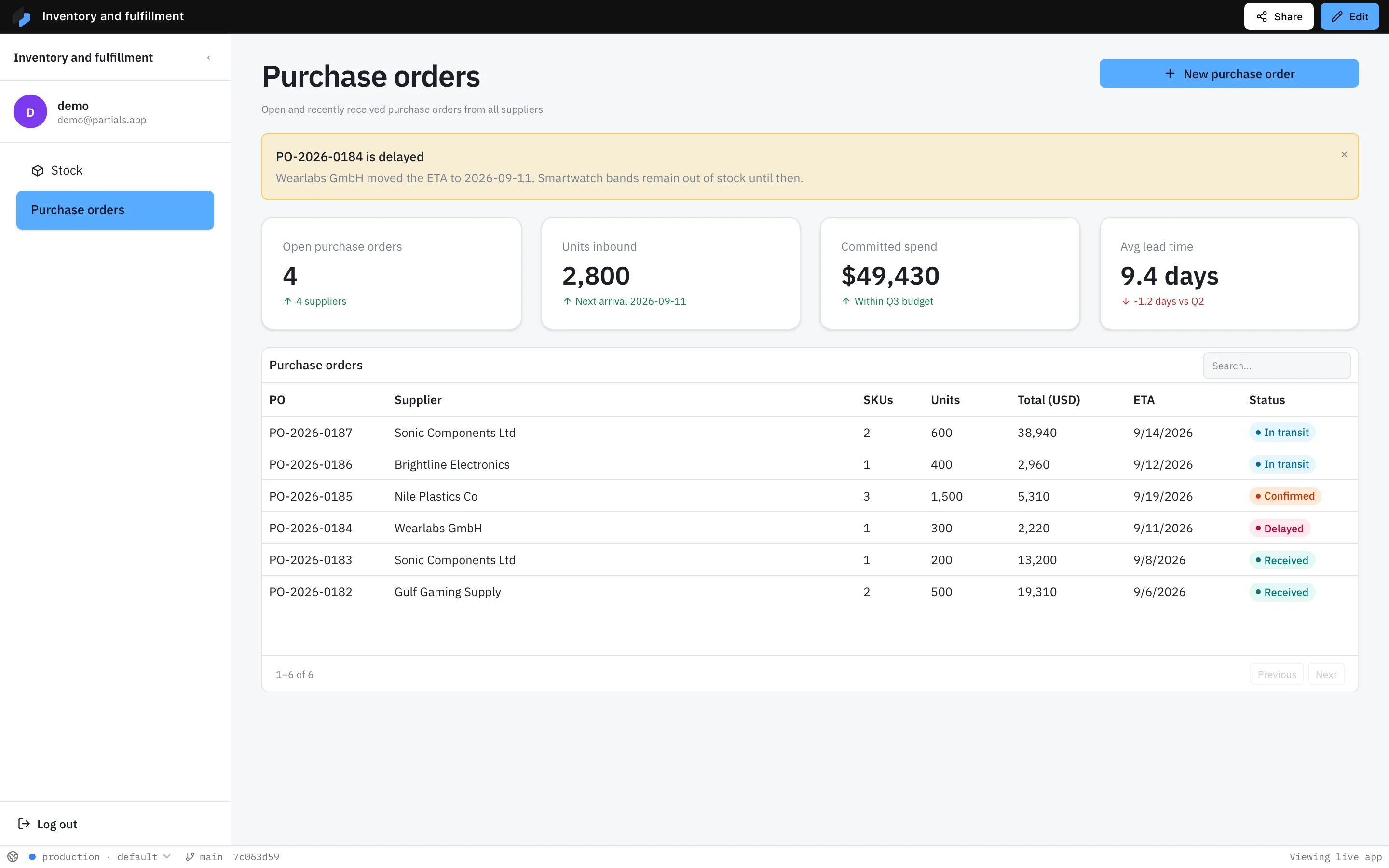The purchase orders page of the inventory app with inbound orders and their status.