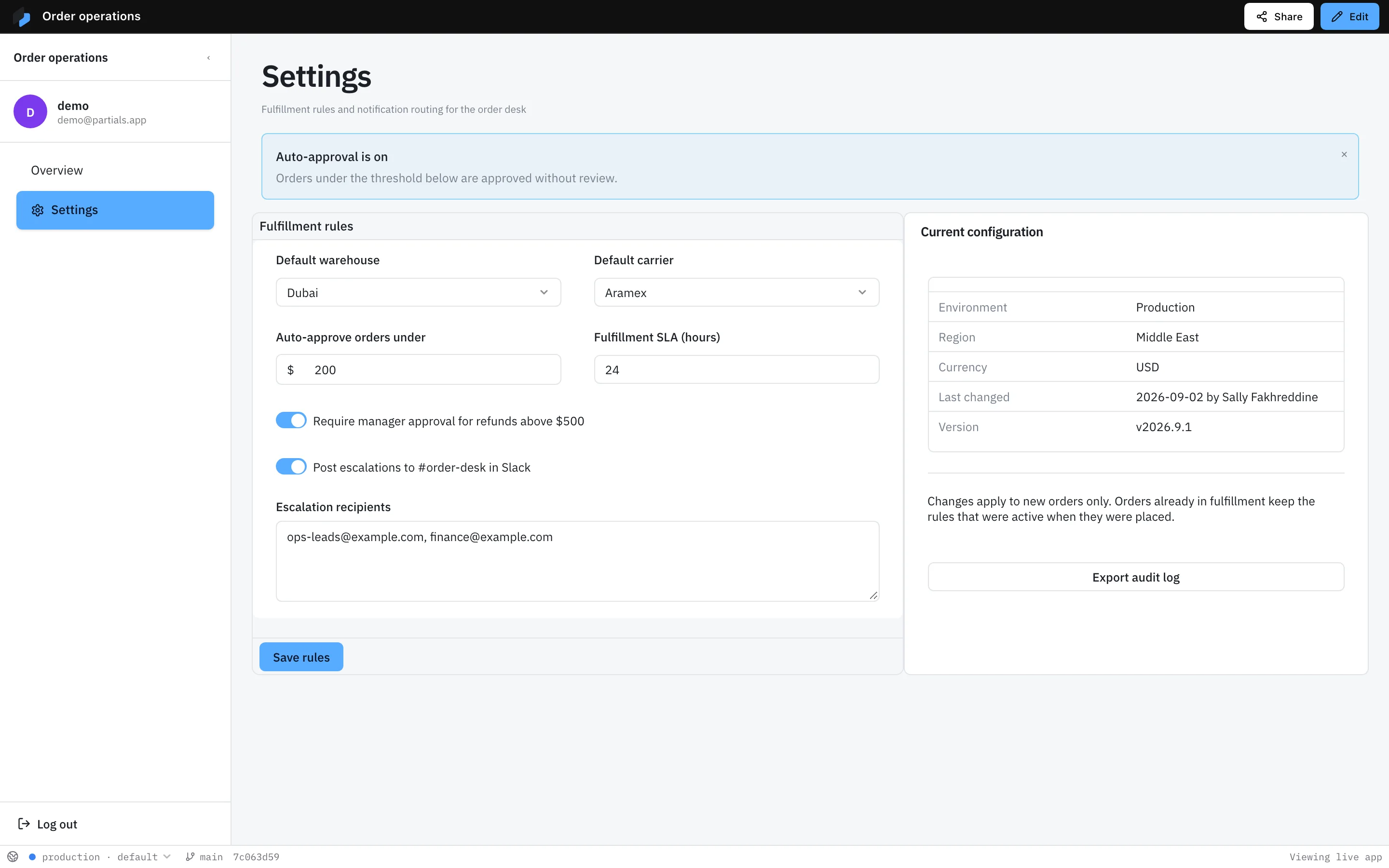 The settings page of the order operations app with notification and threshold controls.