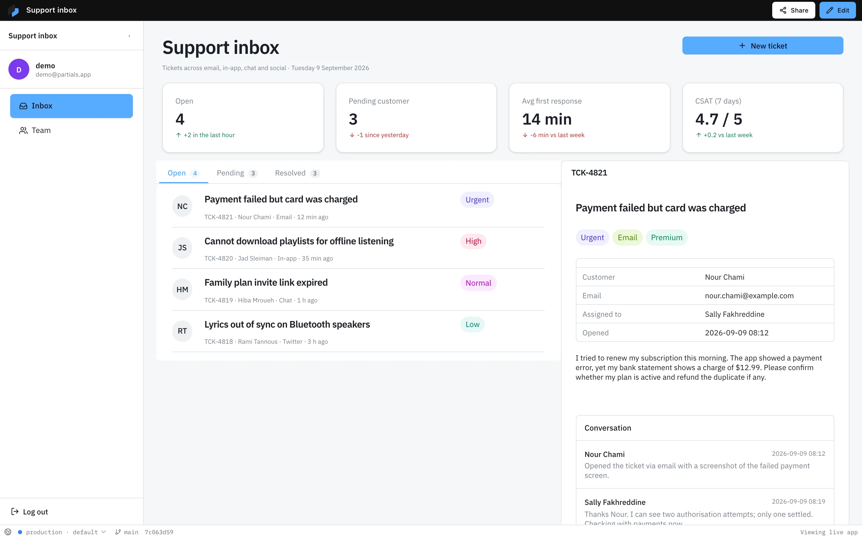 A support inbox app with open, pending, and resolved tabs, a list of tickets with priority tags, and the selected ticket's details and conversation.