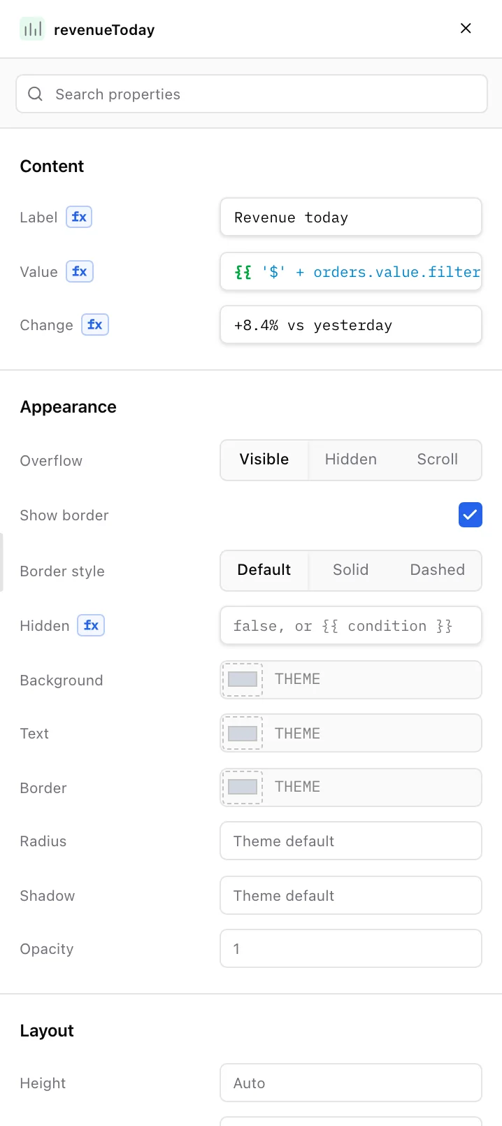 The component inspector for a stat: label, a value binding expression, change text, then appearance controls for overflow, border, colors, radius, shadow, and opacity.