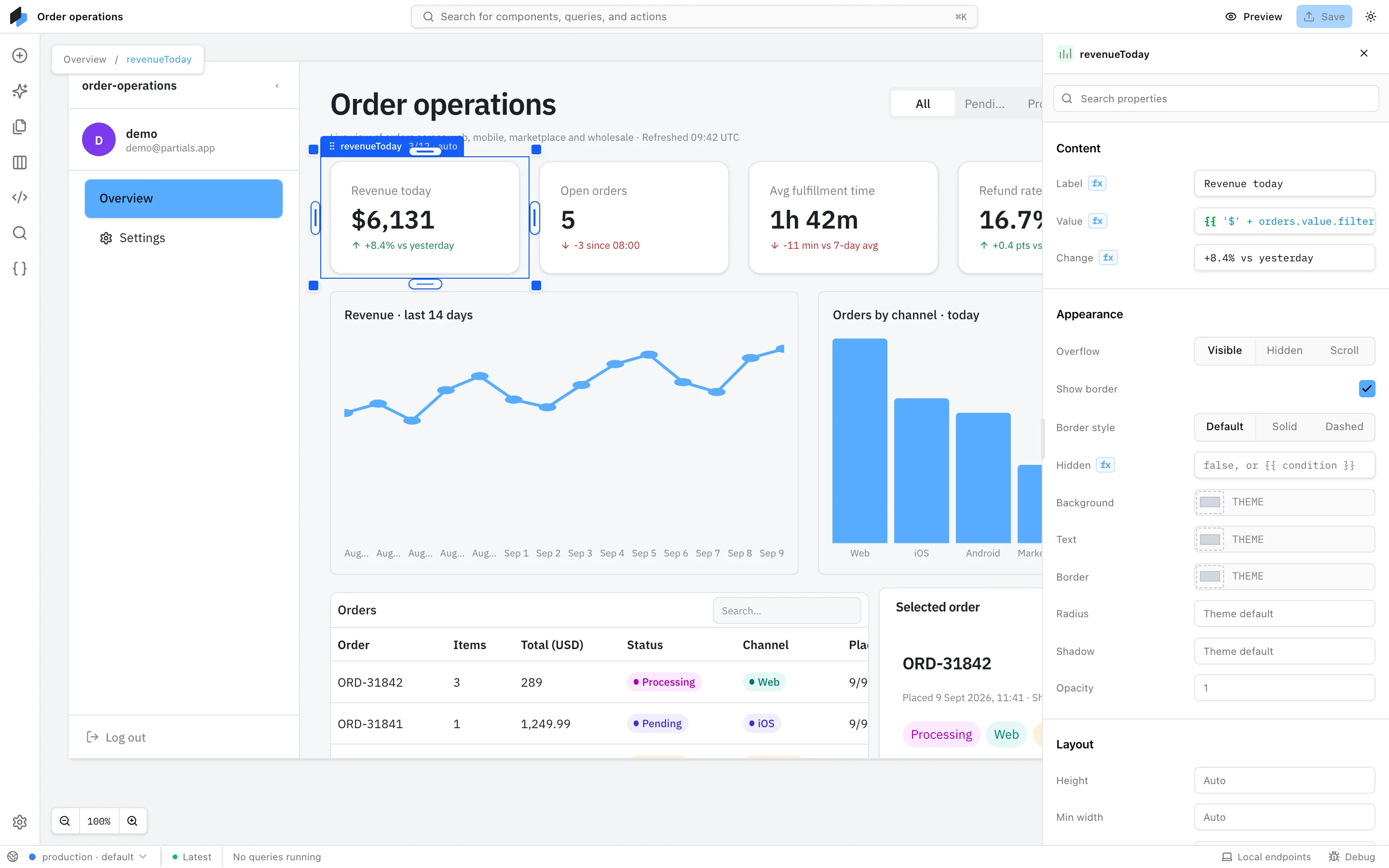 The Partials editor with the order operations app open. The Revenue today stat is selected on the canvas and the inspector on the right shows its label, value binding, and appearance settings.