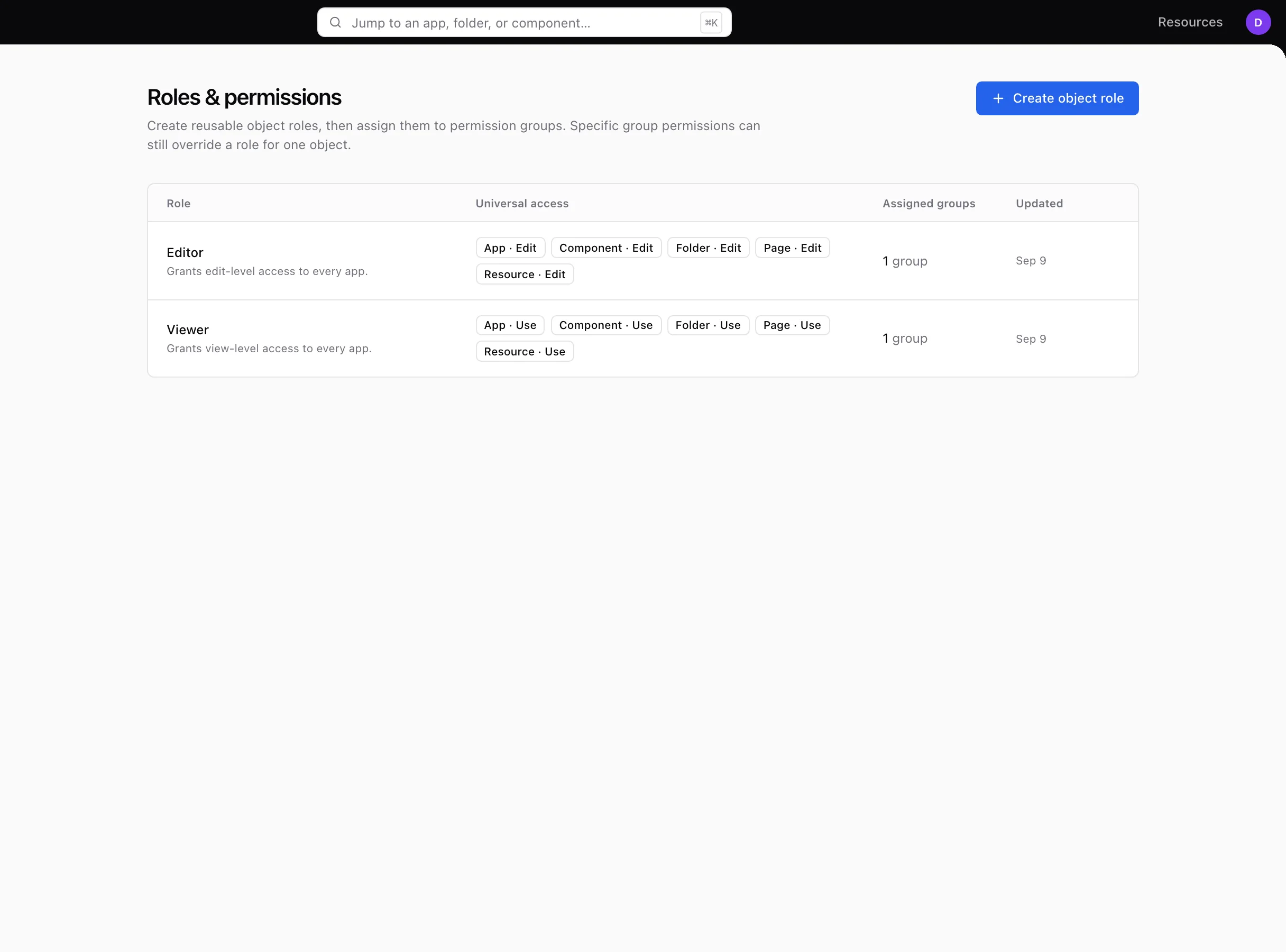 Roles and permissions in Partials settings, with Editor and Viewer roles granting edit or use access across apps, components, folders, pages, and resources.