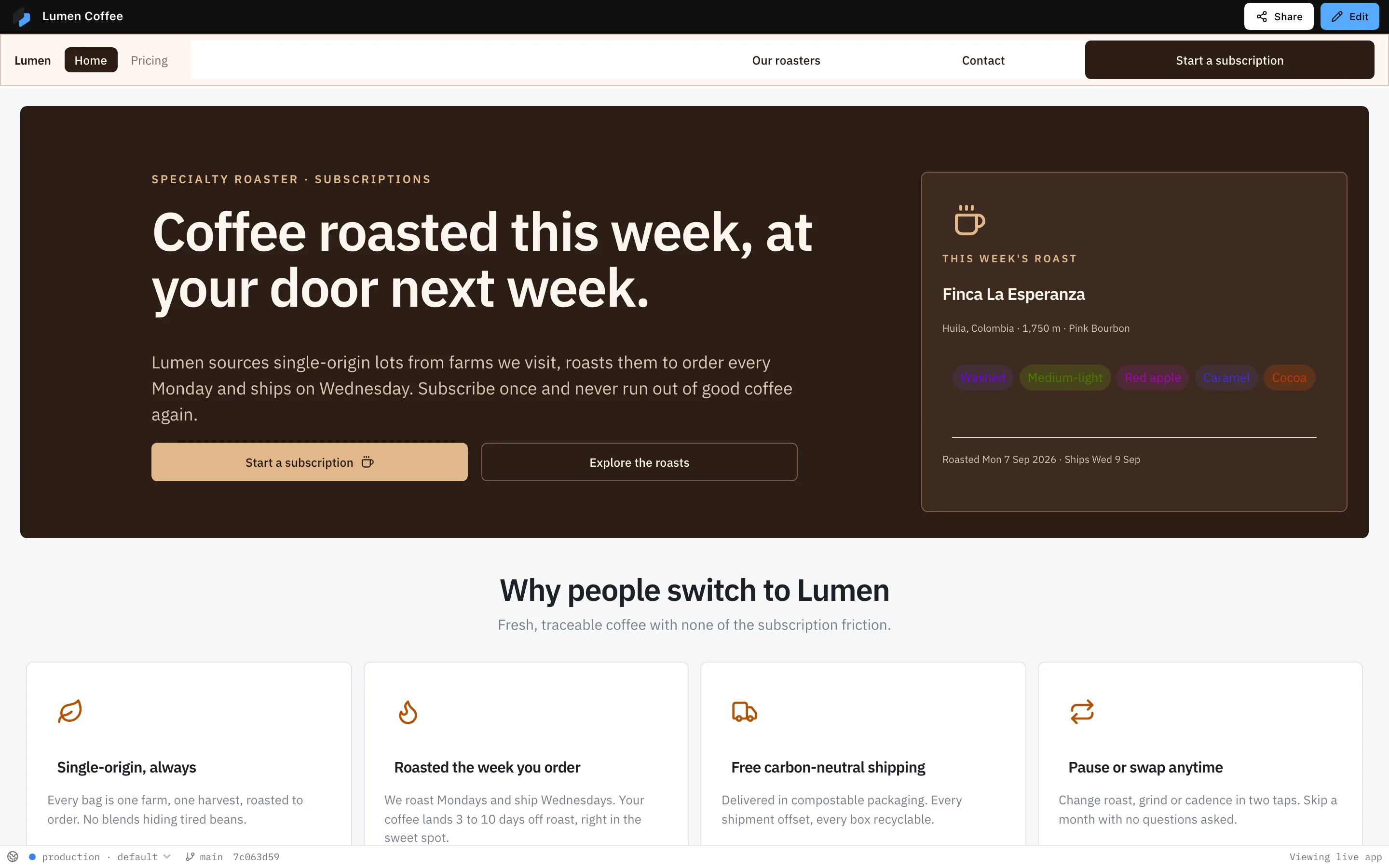 A public marketing website for a coffee roaster built in Partials: navigation bar, a dark hero with headline and buttons, and a featured roast card.