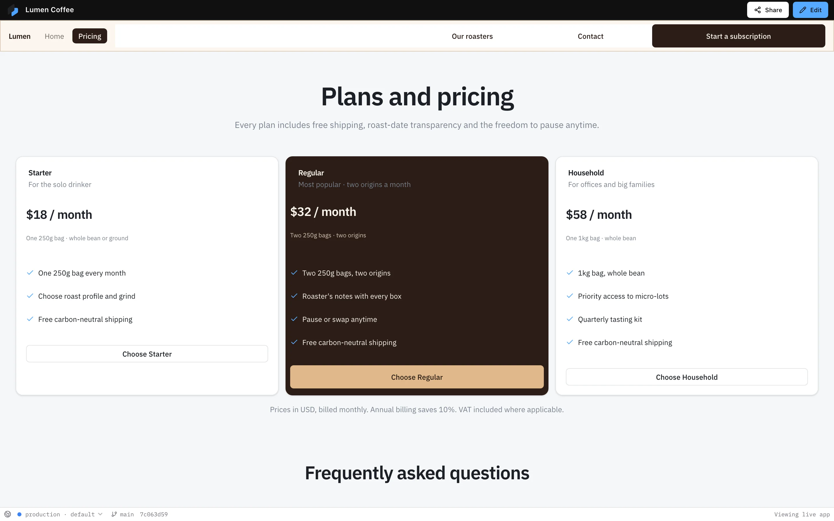 The pricing page of the same coffee website, with three subscription plans and their features.